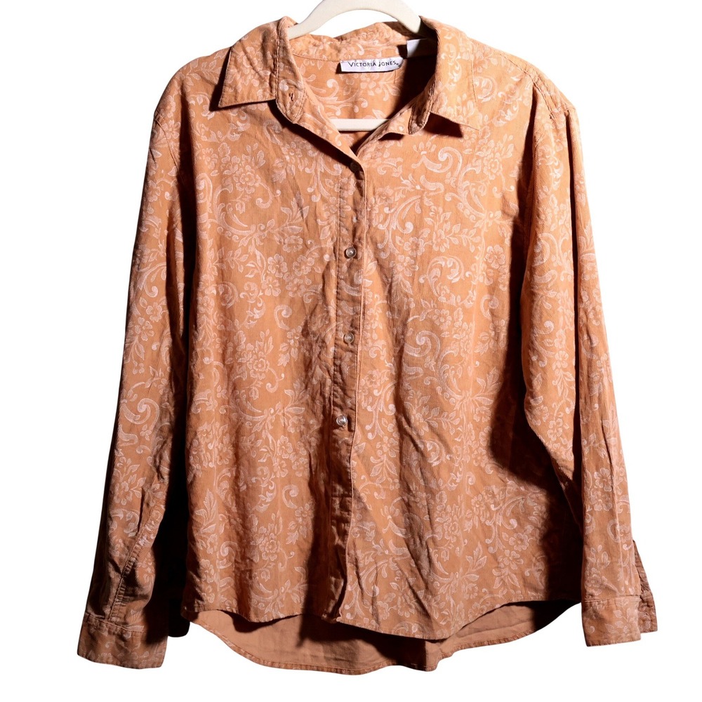 VTG Orange Corduroy Top‎ White Paisley Floral Print Button Up Top Long Sleeve XL